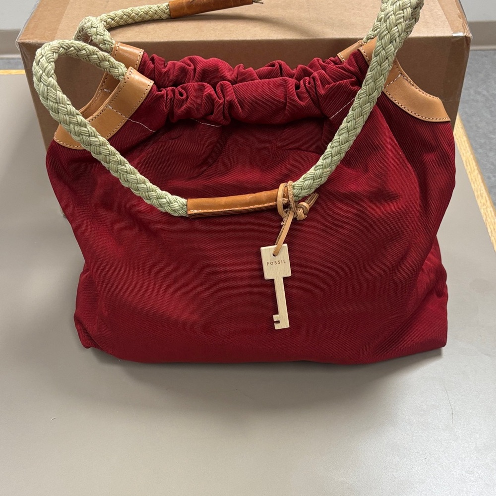 Fossil Burgundy Canvas Shoulder Bag with Braided Handles